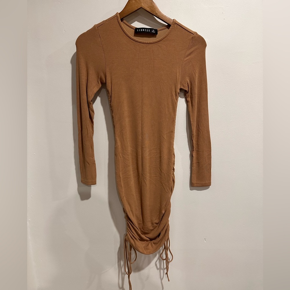 LIONESS Military‎ Minds Caramel Brown Long Sleeve Ruched  Dress